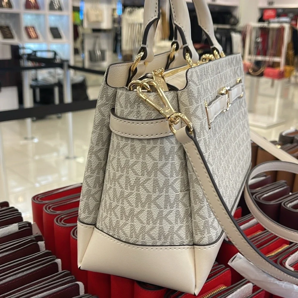 Michael Kors Reed Sm Belted Logo Satchel Crossbody CZip Bag Lt Cream Multi NWT